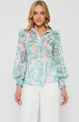 SOGNA COL Floral Printed Sheer Chiffon Shirt with Ruffle Details STO654B