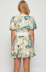 SOGNA COL Abstract Print Contrast Panel Mini Dress with Button Details  WDR532B