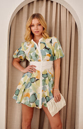 SOGNA COL Abstract Print Contrast Panel Mini Dress with Button Details WDR532B