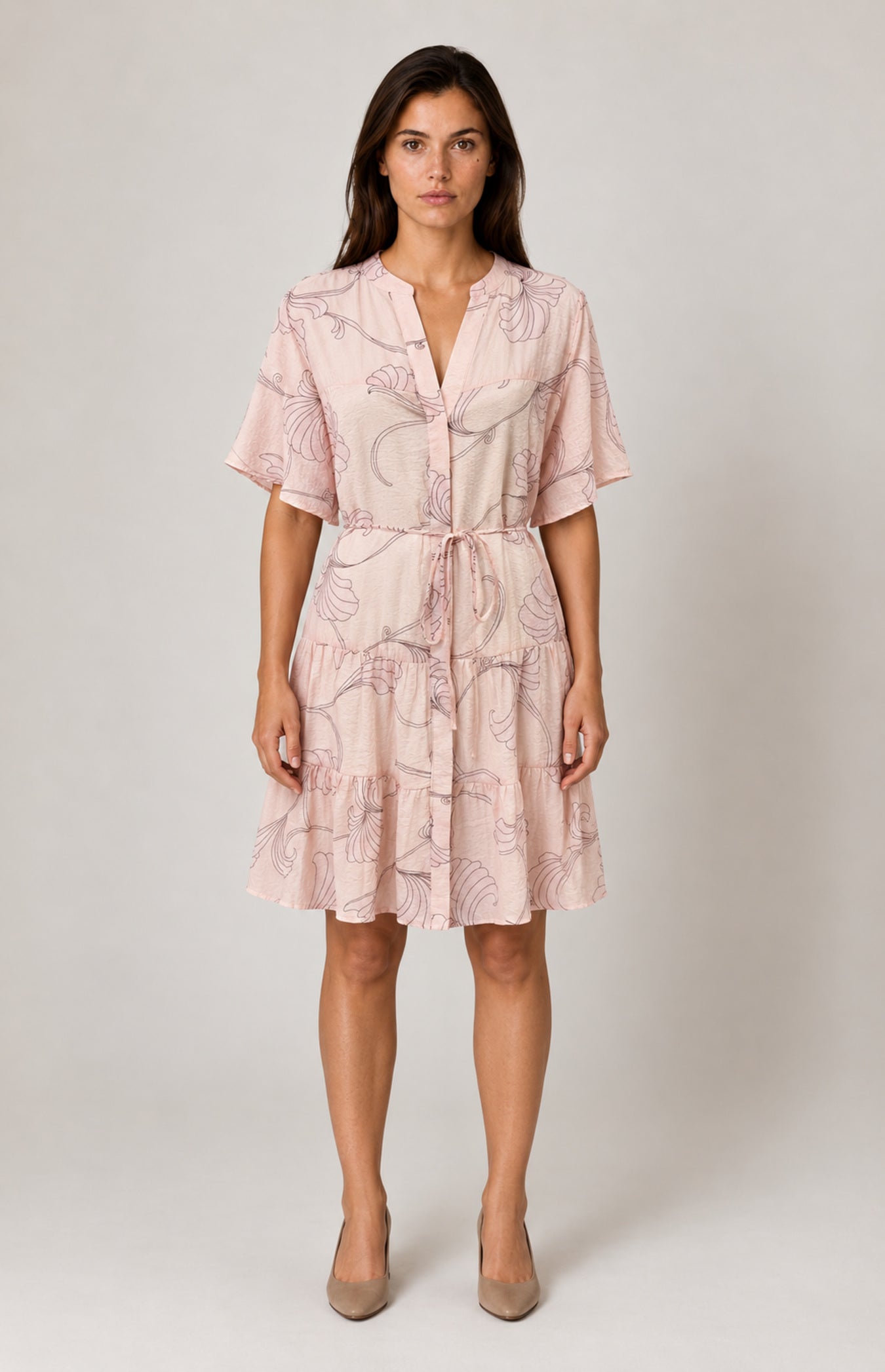 SOGNA Pink outline-print tiered dress styled on virtual model W01