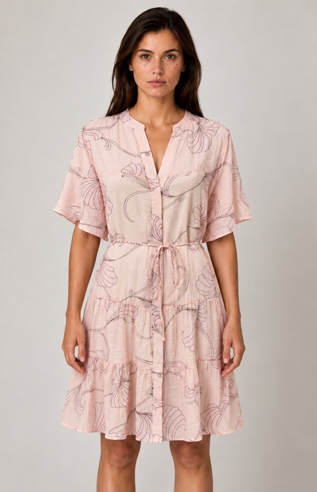Front view of SOGNA Pink outline-print tiered dress 30250611-1 worn by virtual model W01