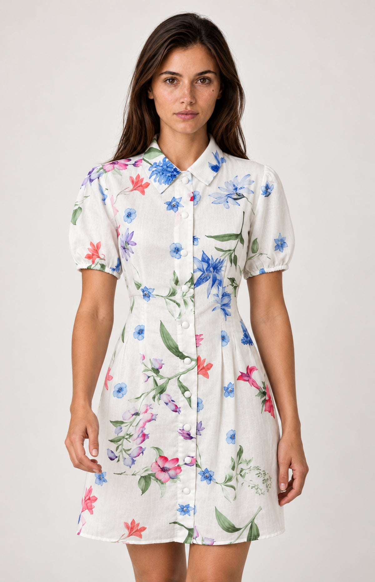 SOGNA white floral linen-blend shirt dress 30260353-1, front view on W01