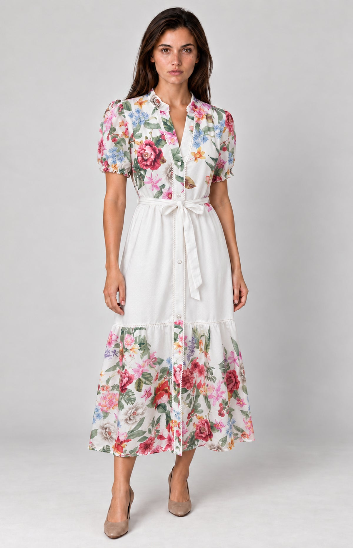 SOGNA white floral belted midi dress 43250640-1, three-quarter full-length view, AI model image