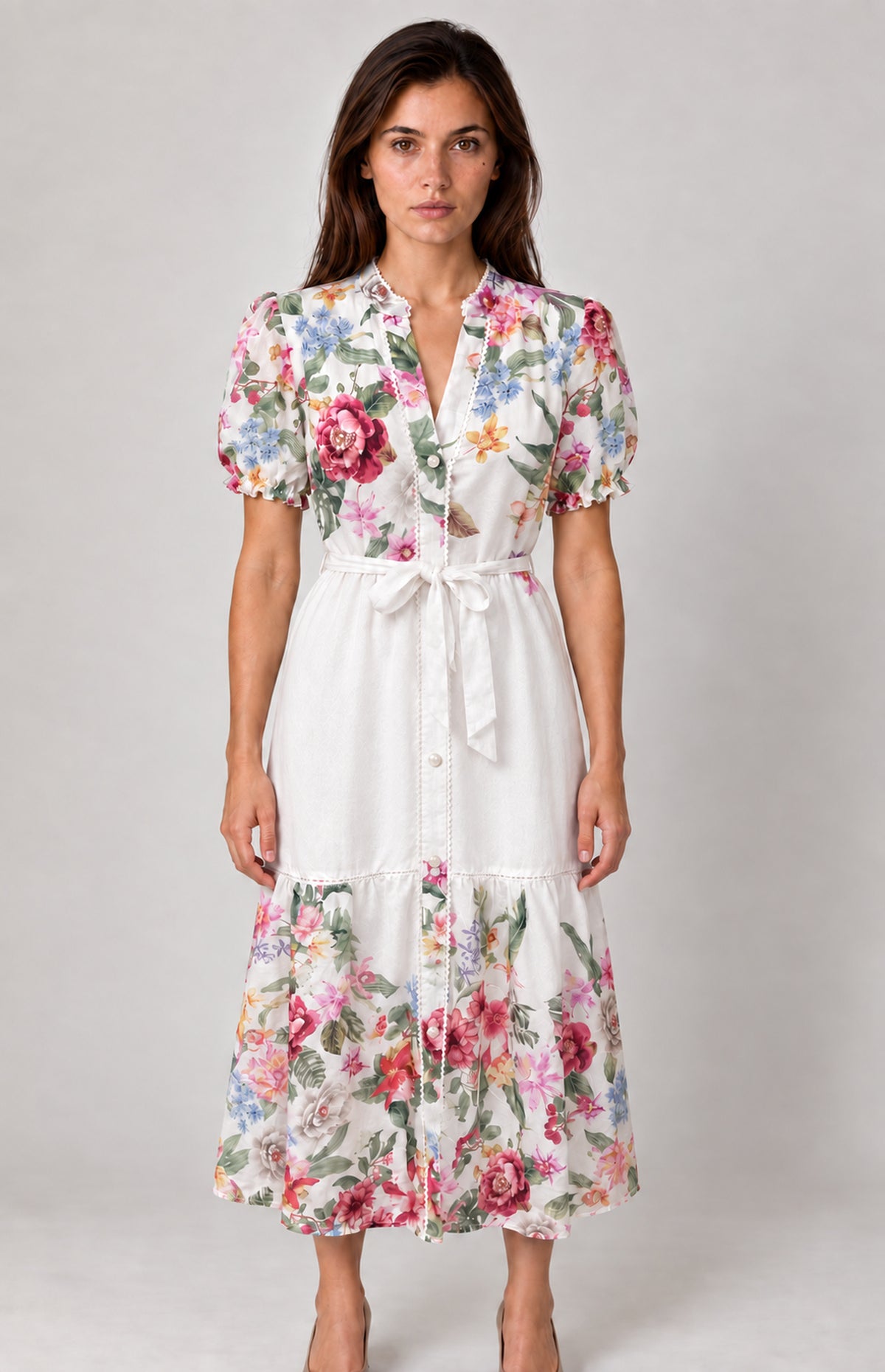 SOGNA white floral belted midi dress 43250640-1, full-length front view, AI model image