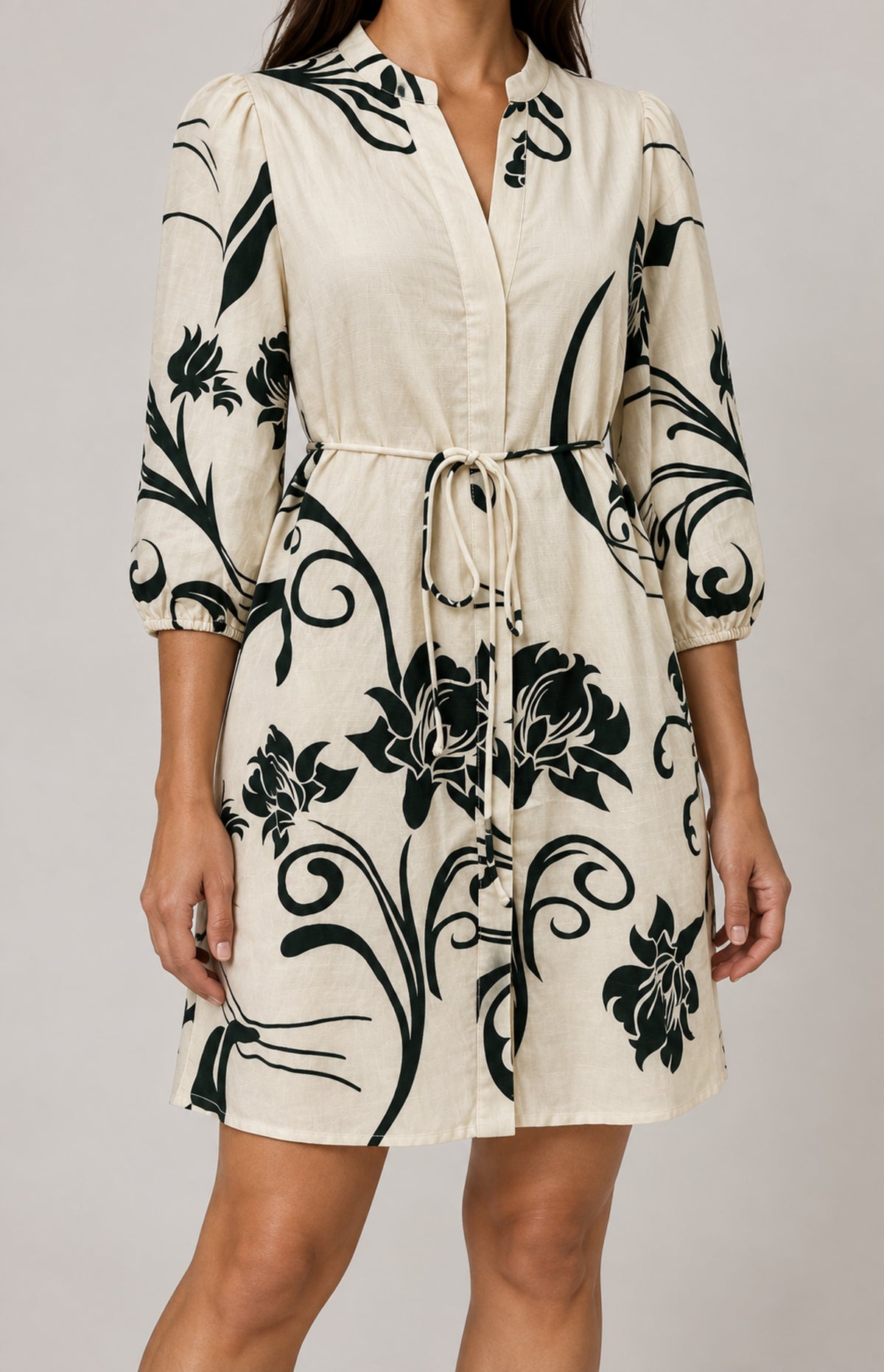 Matching cord waist tie and green floral print of SOGNA dress 43250859-1, shown worn.