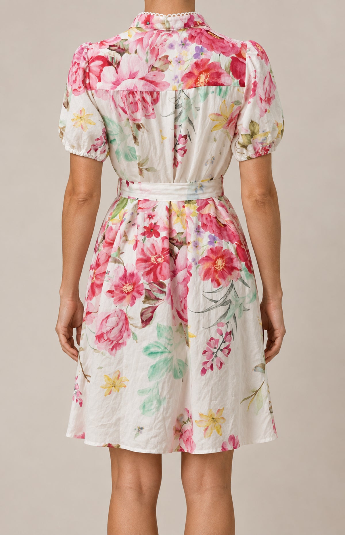 SOGNA red floral belted dress 43260342-1, back view worn on W01