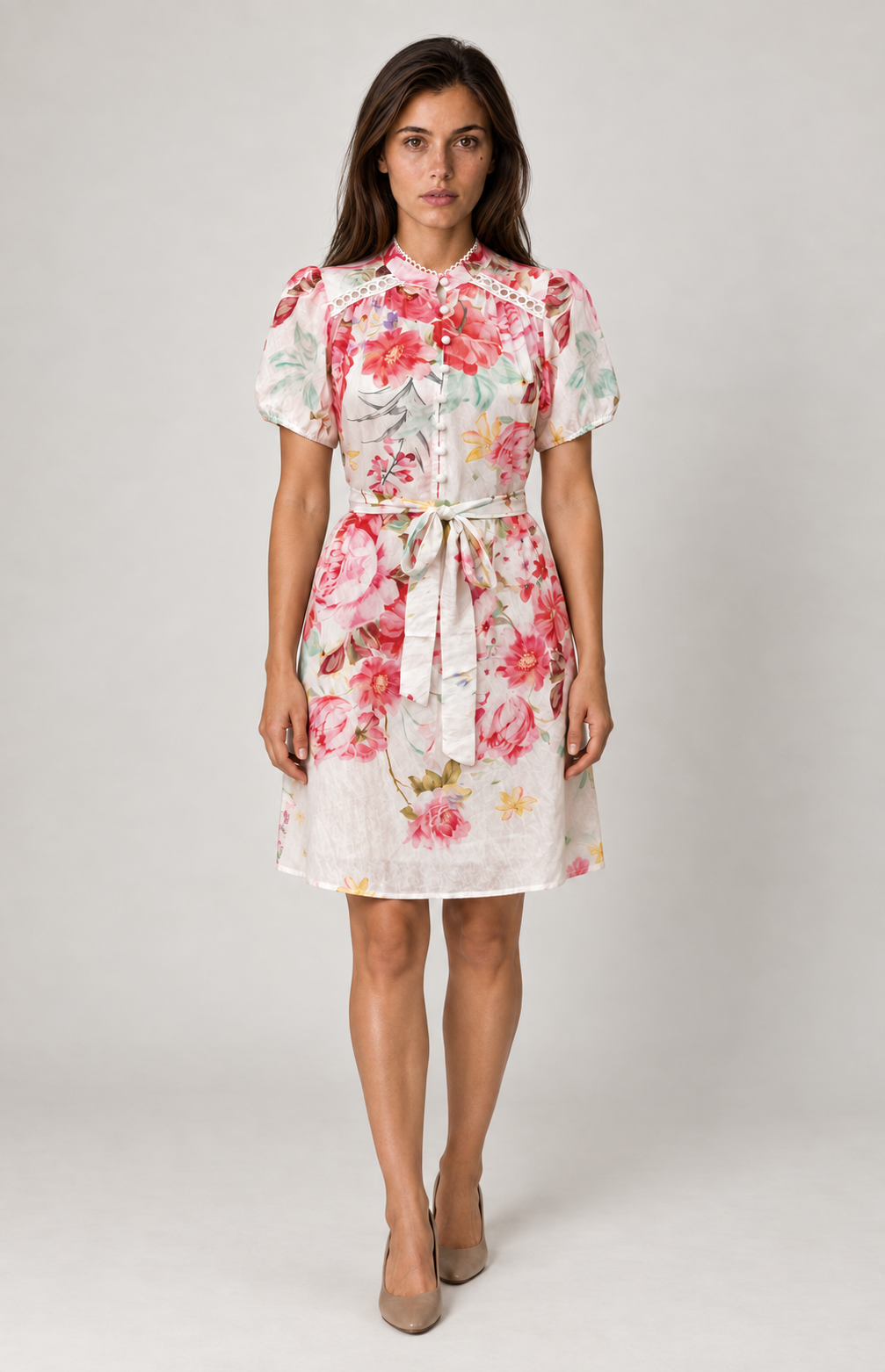 SOGNA red floral lace-trim belted dress 43260342-1, full-length front view