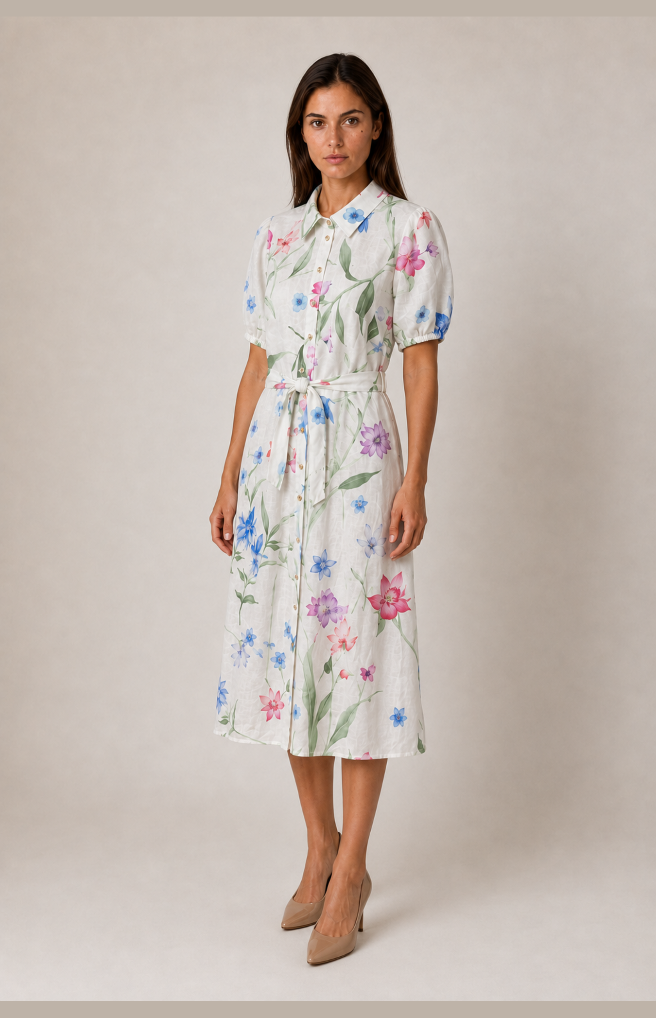 SOGNA white botanical linen-blend shirt dress in a natural standing pose