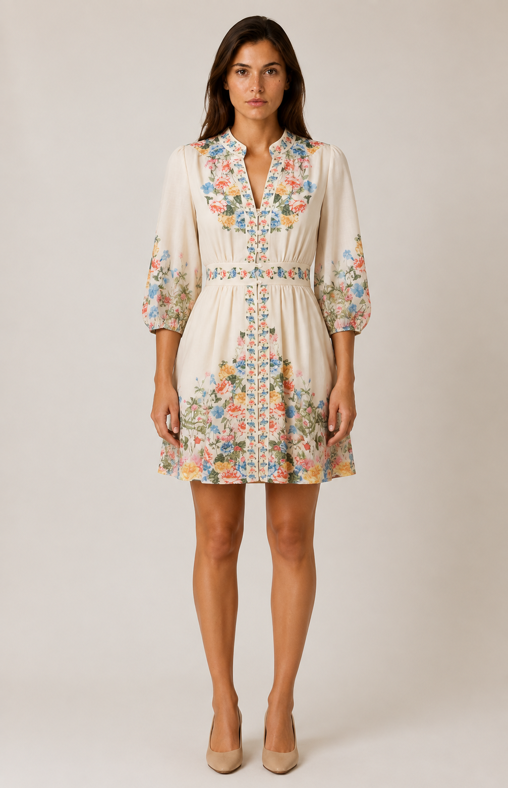 Woman wearing SOGNA ivory floral linen-blend dress 46250998-1, full front view