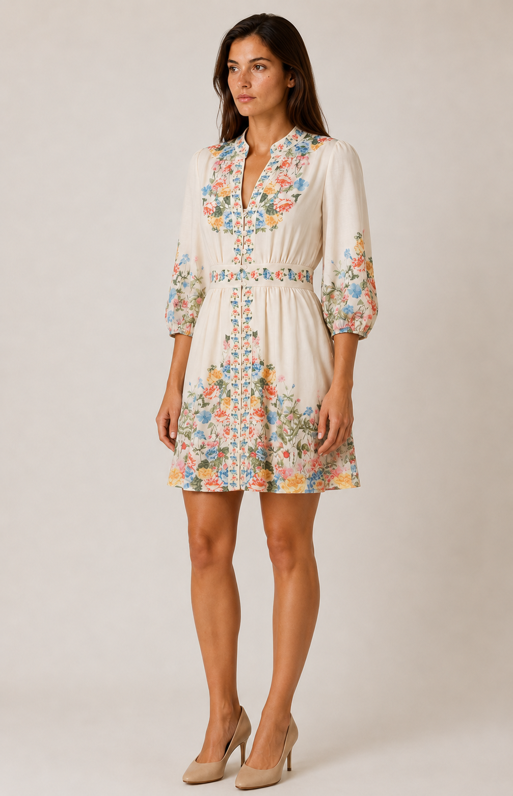 SOGNA ivory floral linen-blend dress 46250998-1, front three-quarter view