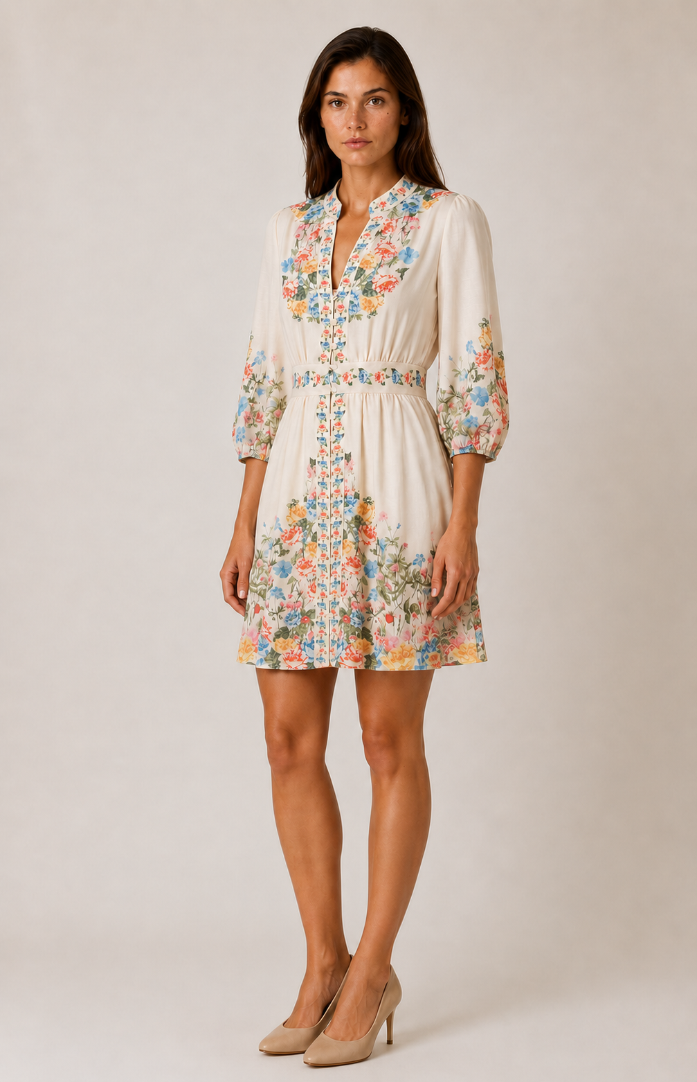 Woman wearing SOGNA floral linen-blend dress 46250998-1 in a natural three-quarter pose