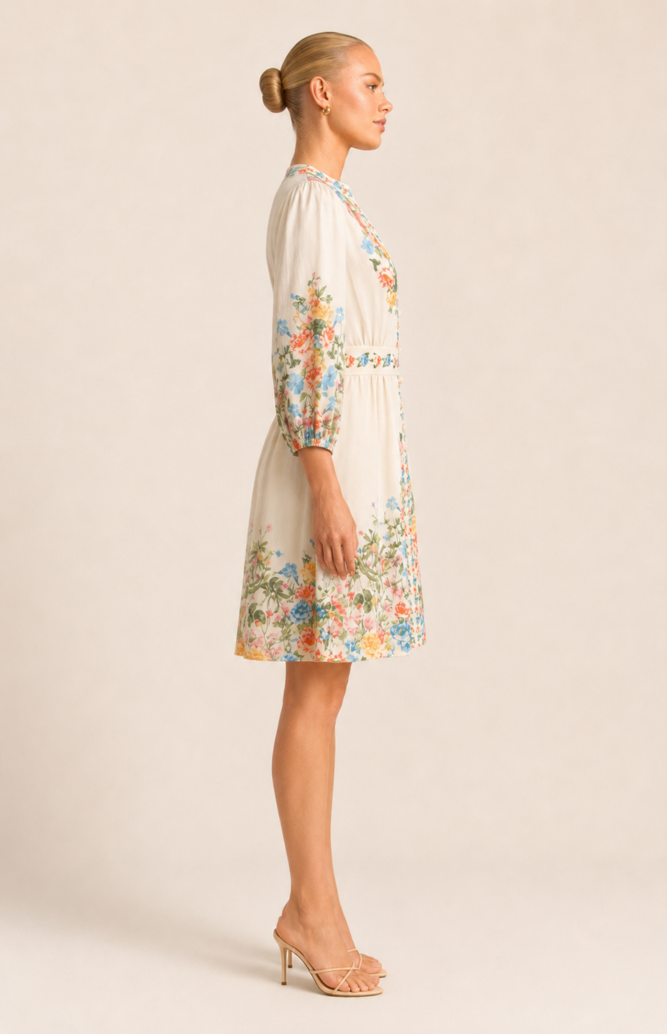 Side view of SOGNA floral dress 46250998-1 showing the gathered sleeve