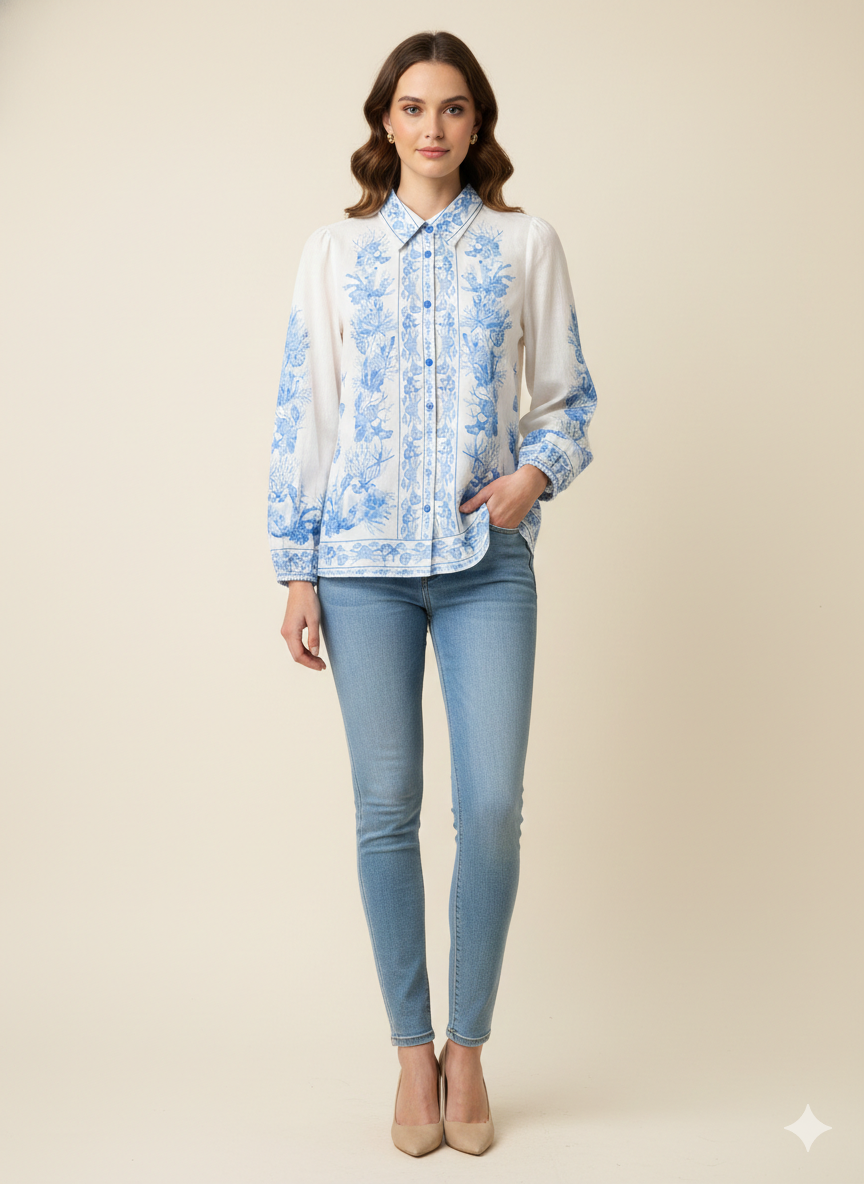 SOGNA COLBlue Porcelain Print Linen-Blend Shirt  - 46251002-1