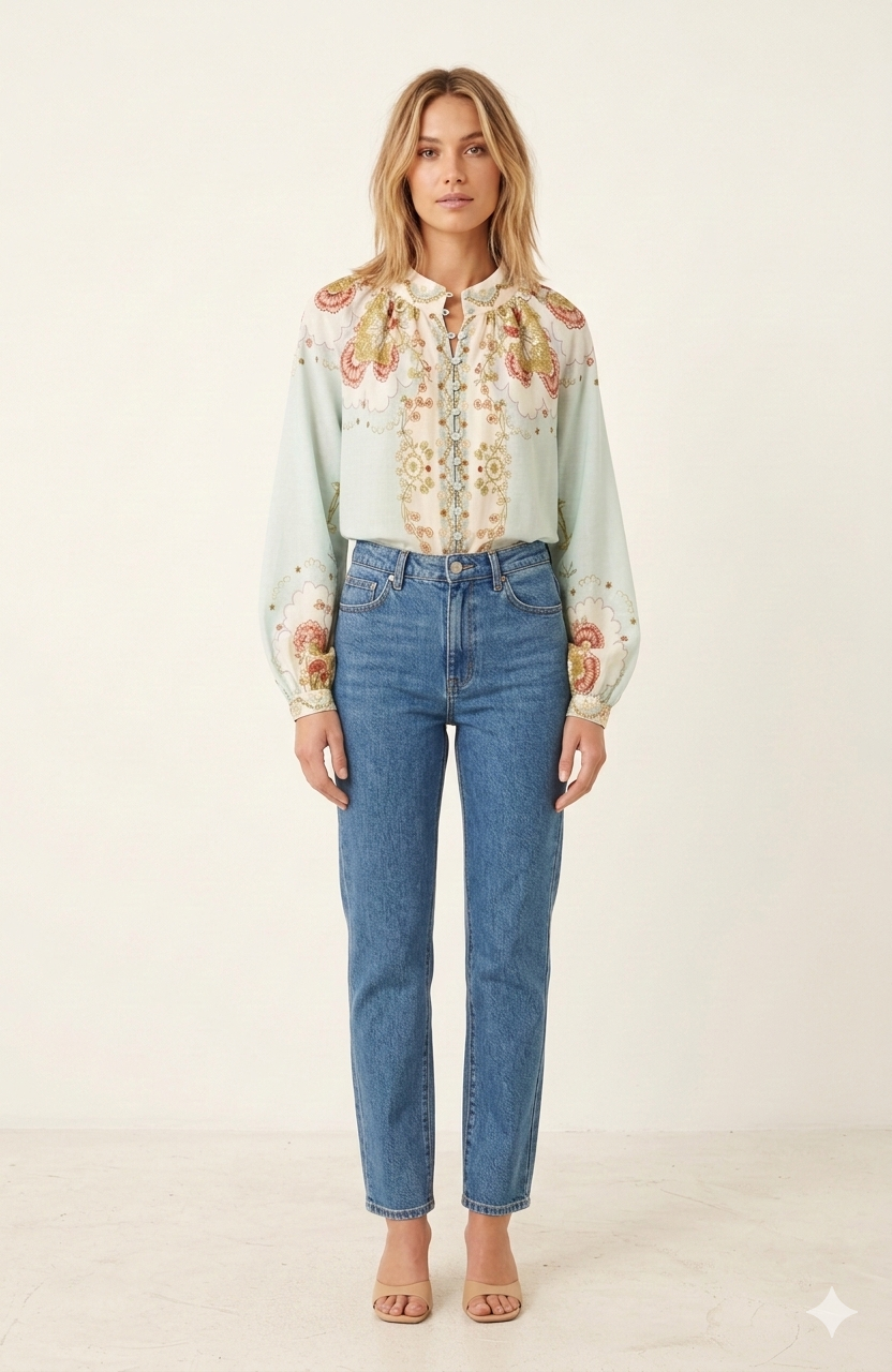 SOGNA COL Light Blue Vintage-Inspired Placement Print Blouse 30250497-1