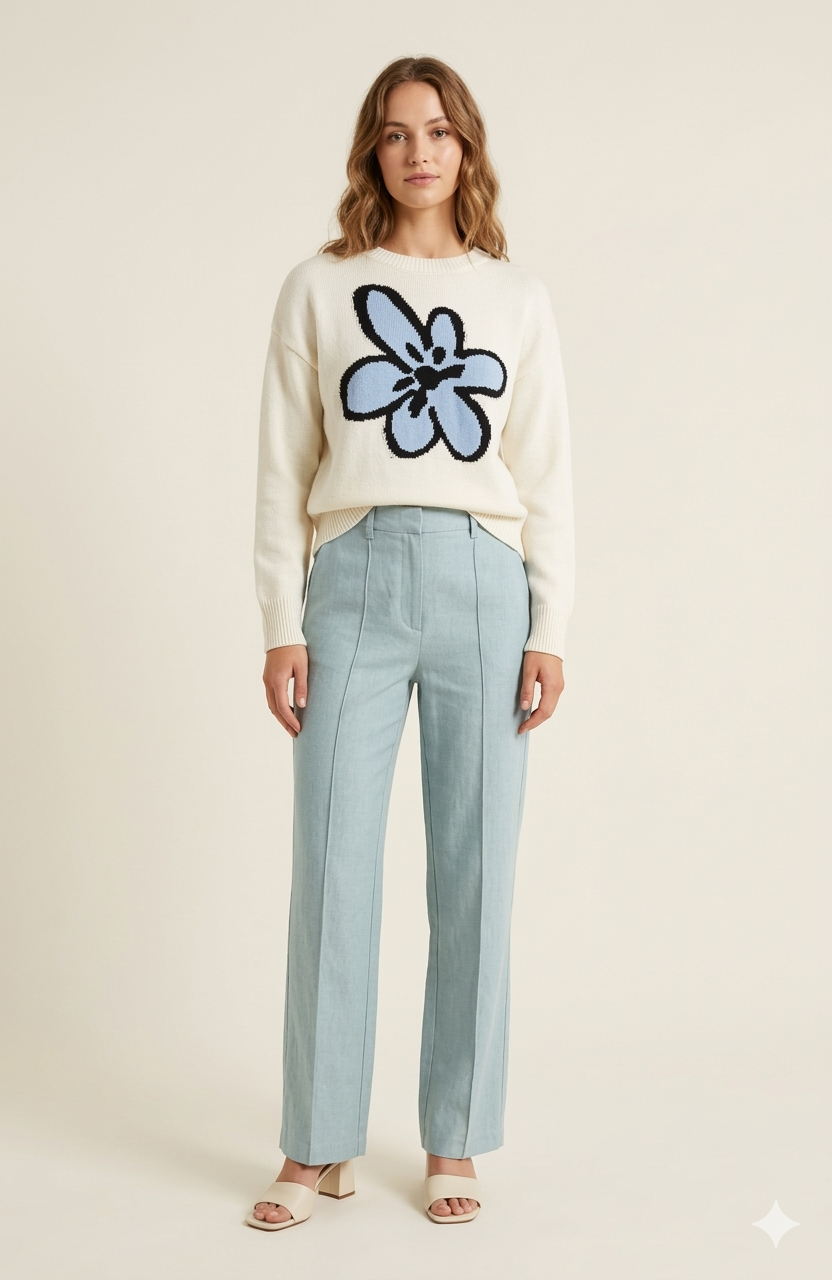 SOGNA COL PRO KNIT Cream Graphic Flower Knit Sweater 201172M