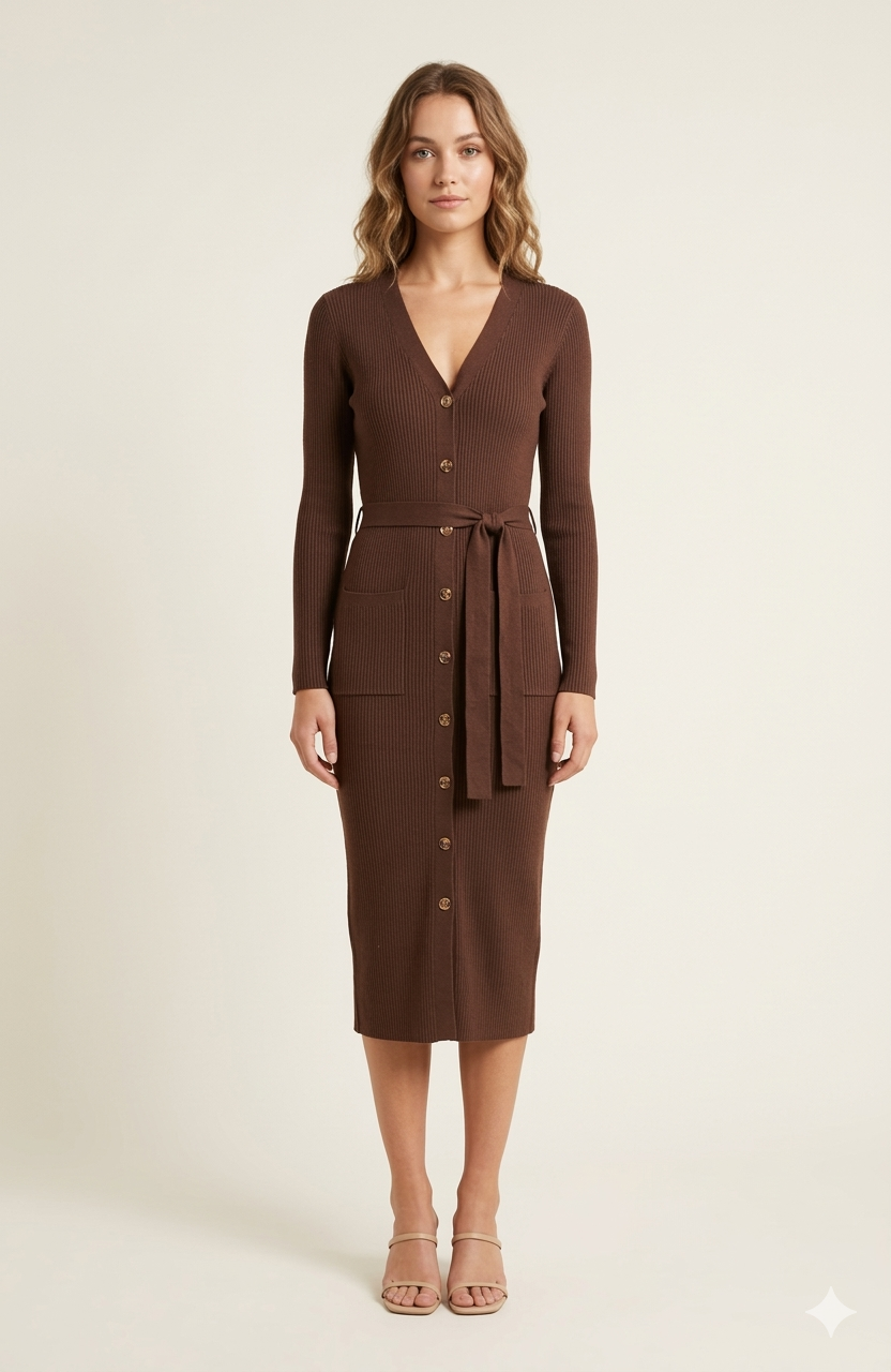 Sunny Design Ribbed Knit Button-Down Midi Dress 200670M