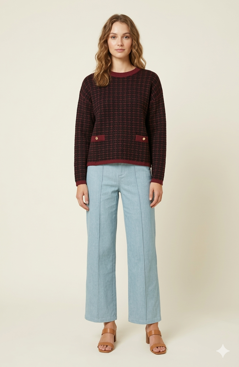 SOGNA COL PRO KNIT Maroon & Black Patterned Knit Sweater 201090M