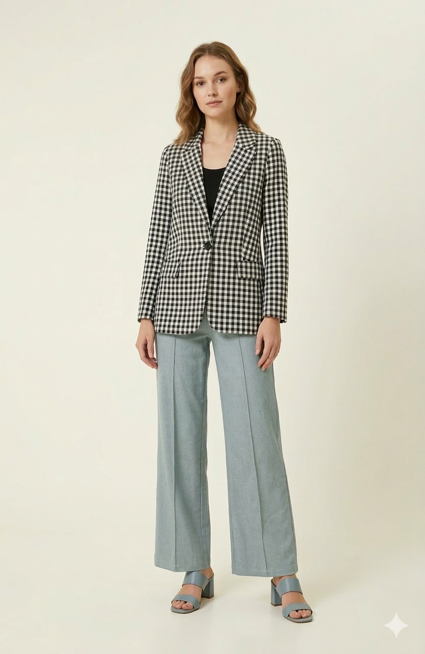 SOGNA COL DESIGN JACKET Black & White Gingham Cotton Blazer 170385A