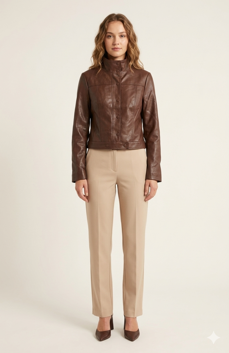 Front Panel Jacket Brown Faux-Leather Panel Jacket WJT259B
