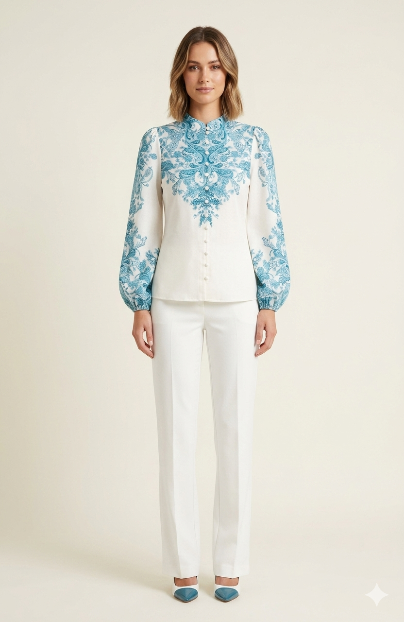 Top Ornate Placement Print Linen-Blend Blouse 43250866-1
