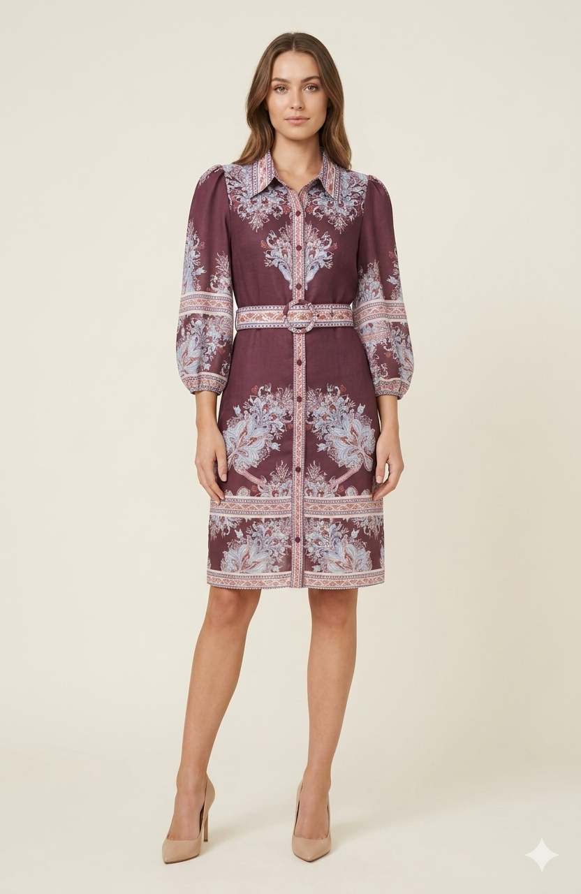 SOGNA COL Baroque Print Linen-Blend Shirt Dress 01250256-1