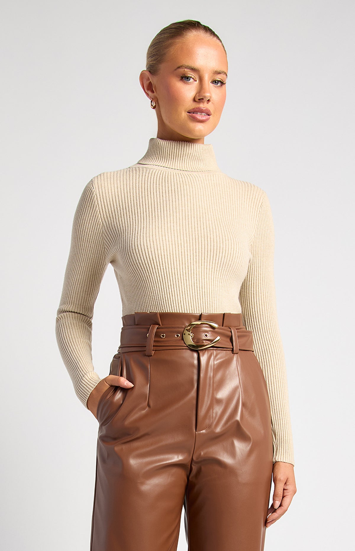 High-Neck Fitted Rib Knit Top — WPA302B
