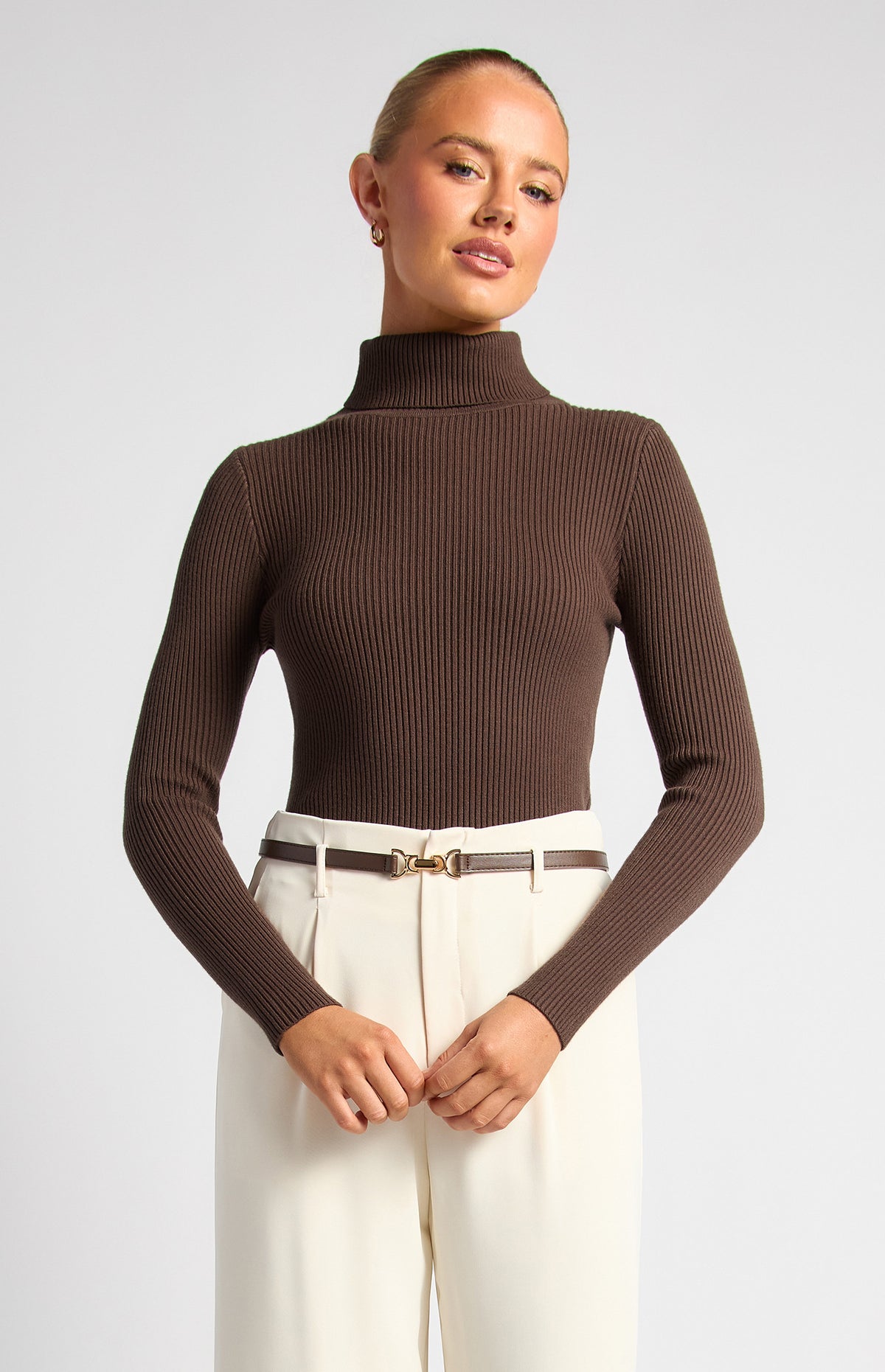 High-Neck Fitted Rib Knit Top — WPA302B
