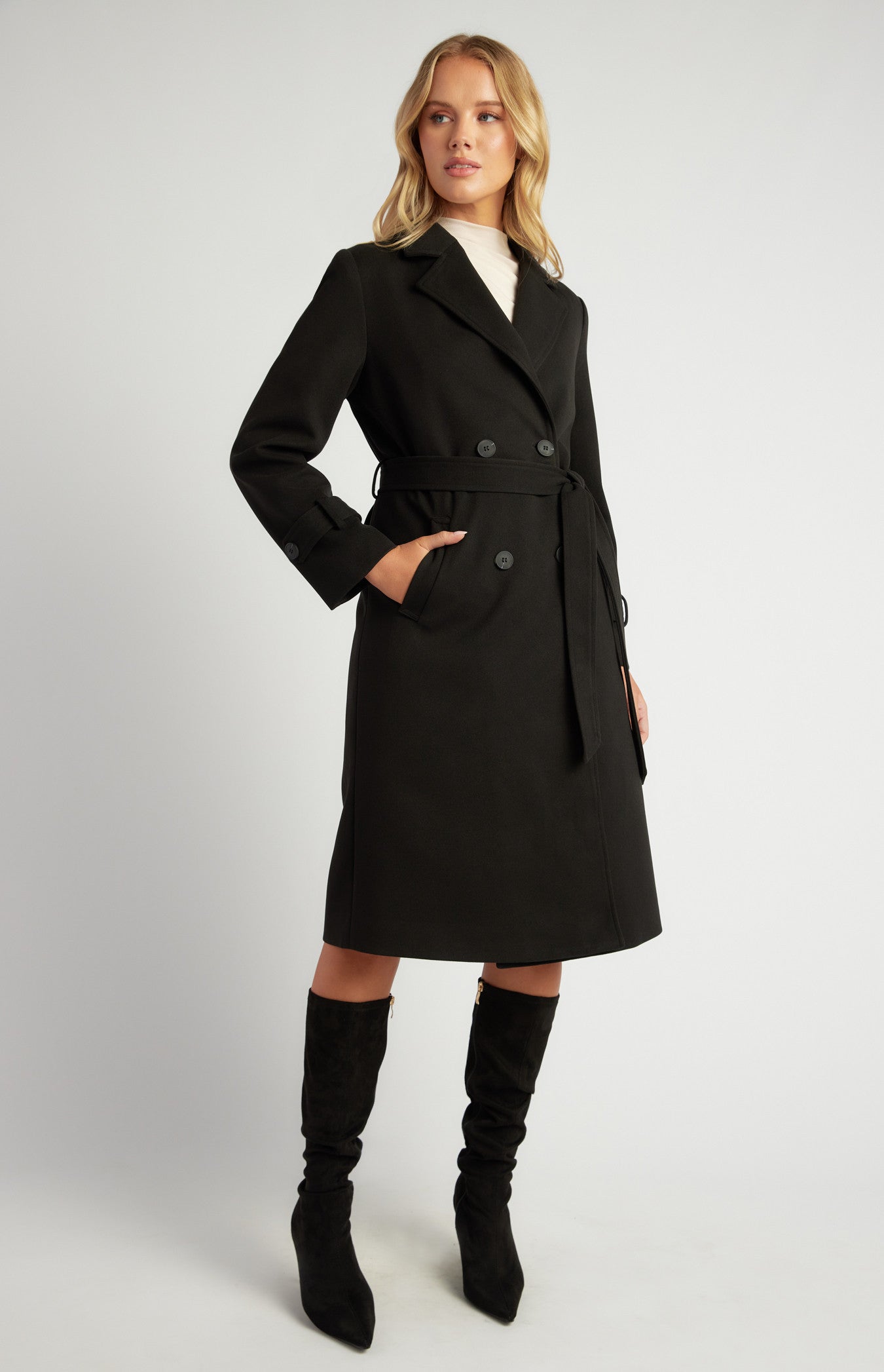 Double Breasted Longline Faux Wool Coat SJT390B