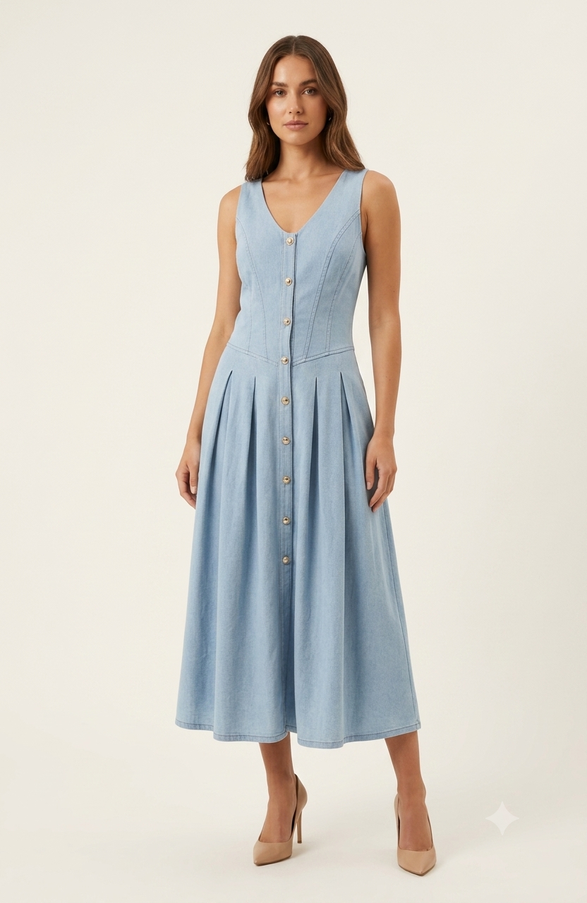 SOGNA Light Blue Sleeveless Pleated Dress- SDR1763A