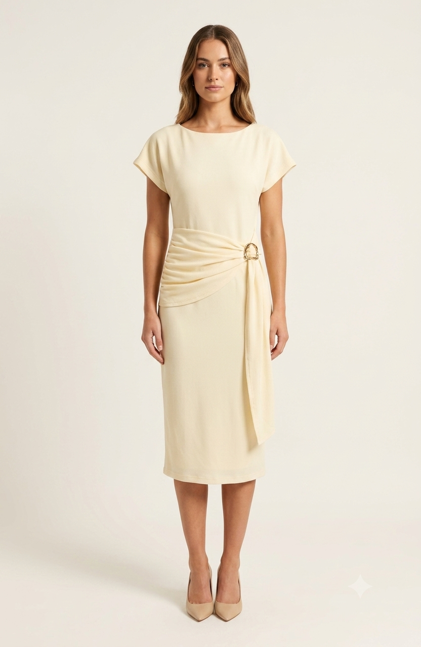 SOGNA Cream Textured Ring-Detail Dress SDR1969B