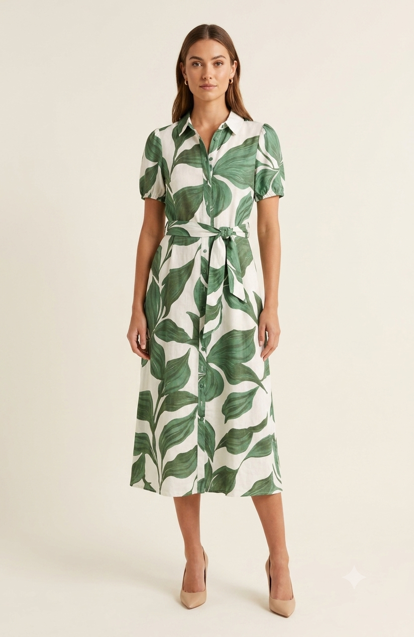 SOGNA Green Botanical Print Linen-Blend Midi Shirtdress 43250632-1