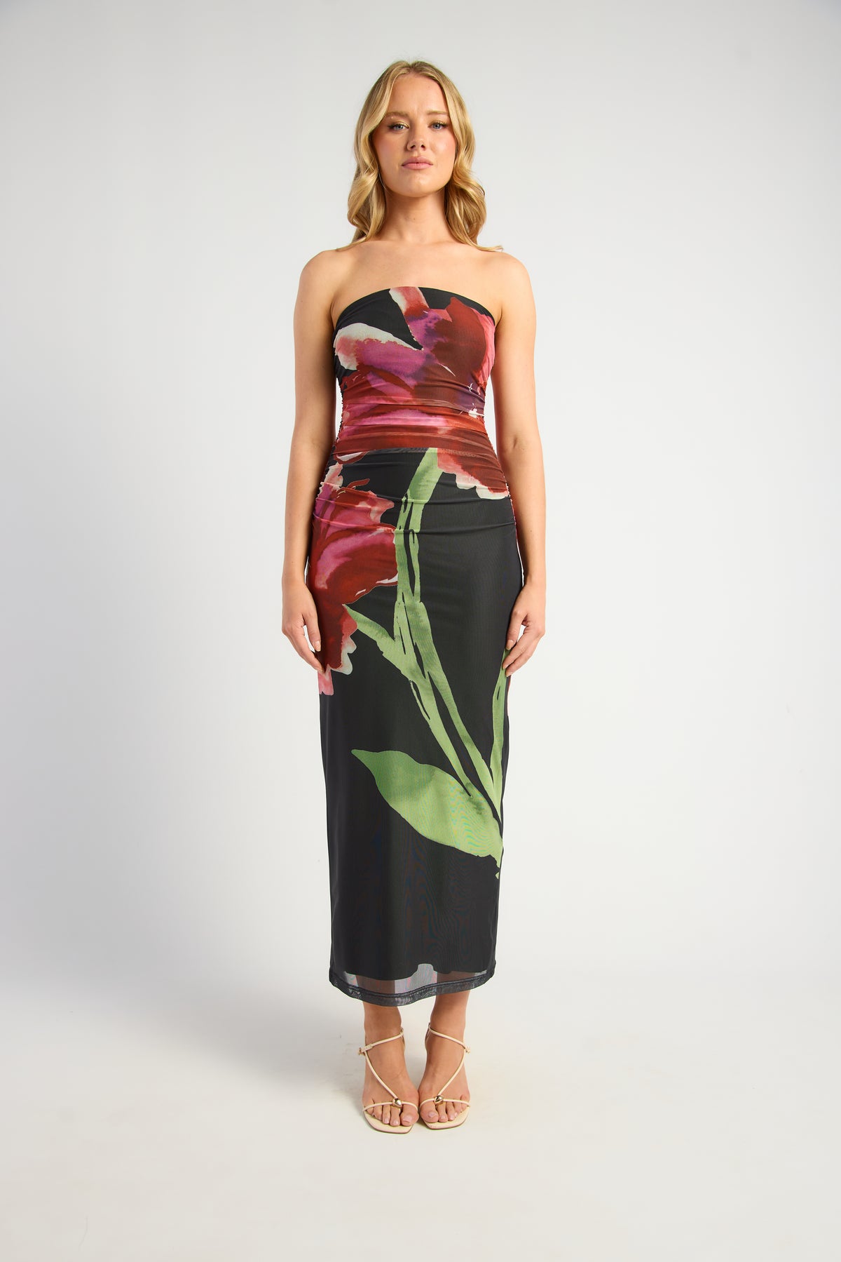SOGNA SDR1734-4A black floral strapless mesh midi dress, front view