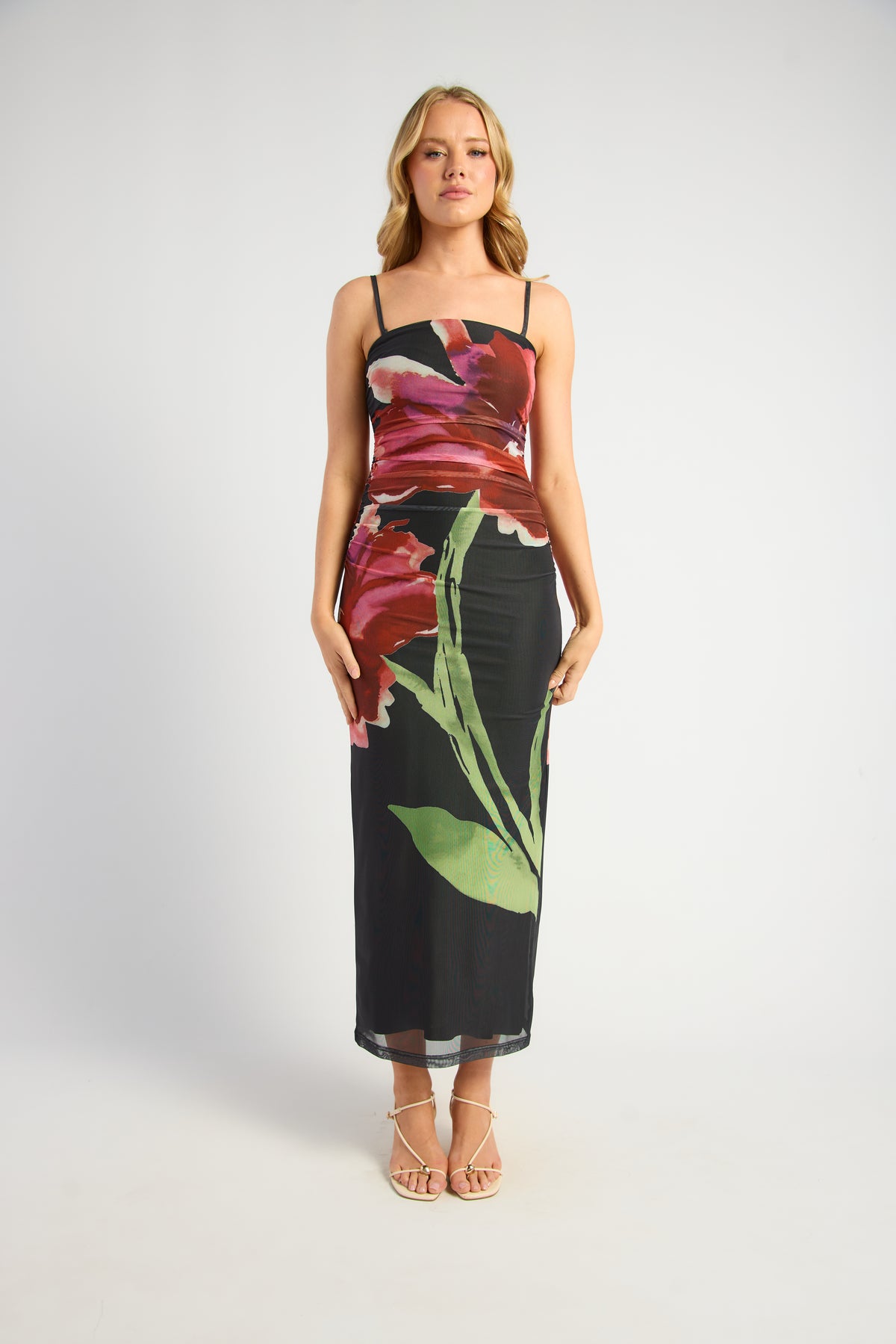 SOGNA SDR1734-4A floral strapless mesh midi dress in Black, front with shoulder straps view