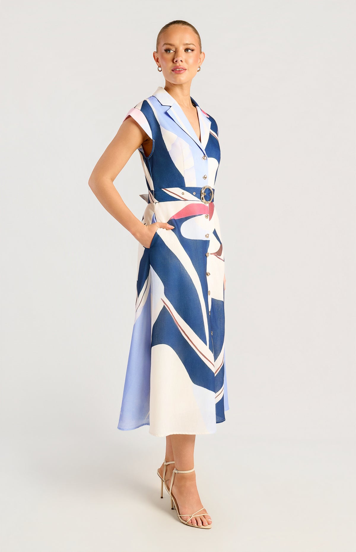 SOGNA SDR1790-3A blue abstract-print shirt dress, angled front view