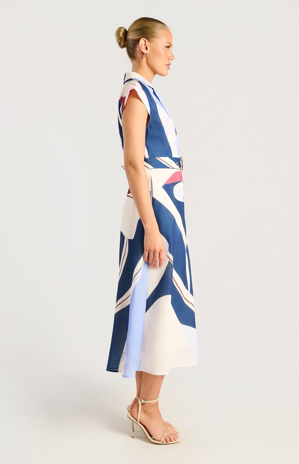 SOGNA SDR1790-3A blue abstract-print belted midi shirt dress, side view