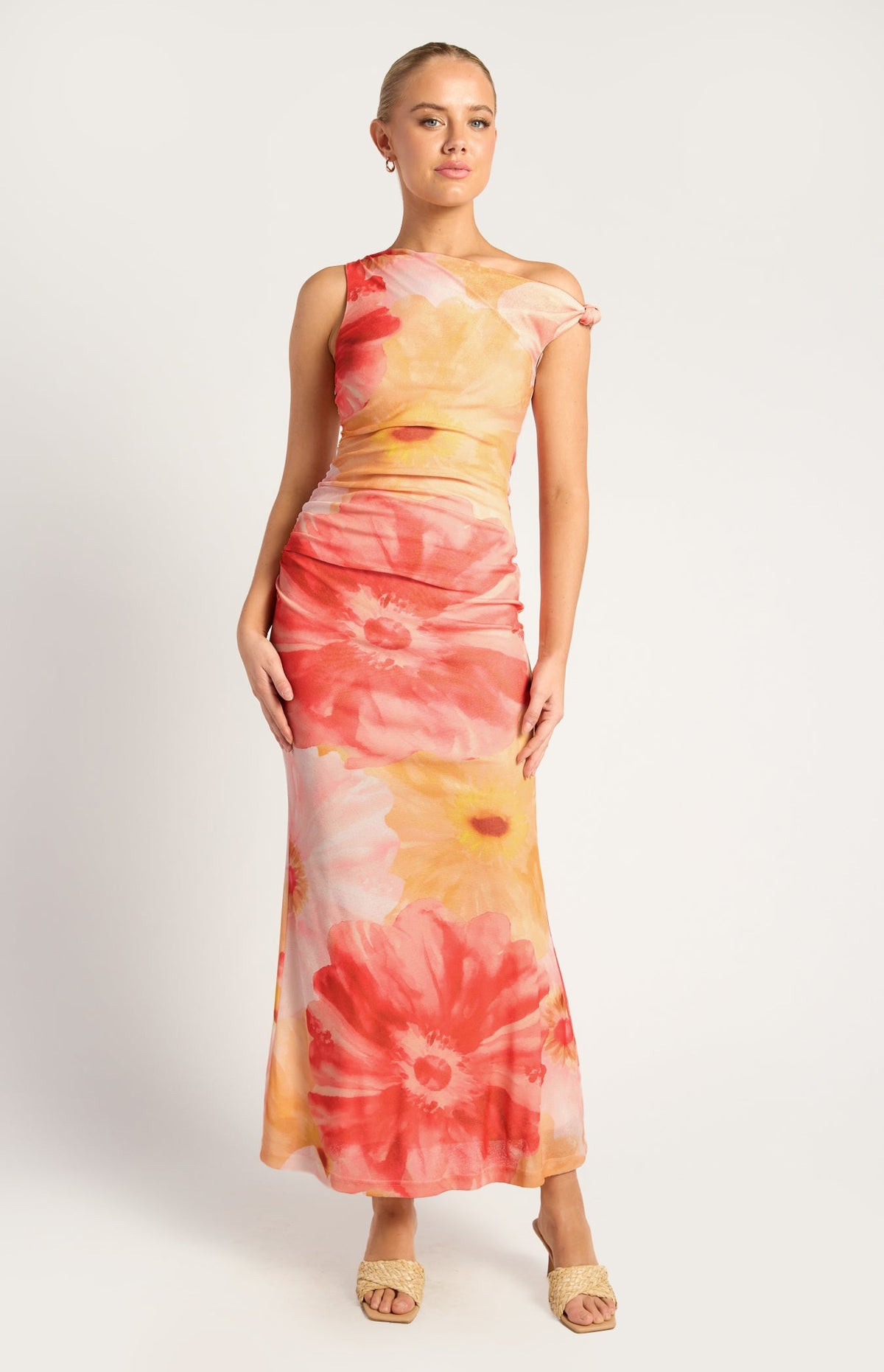 SOGNA SDR1795-4A Pink Lemon asymmetric shoulder floral mesh maxi dress front