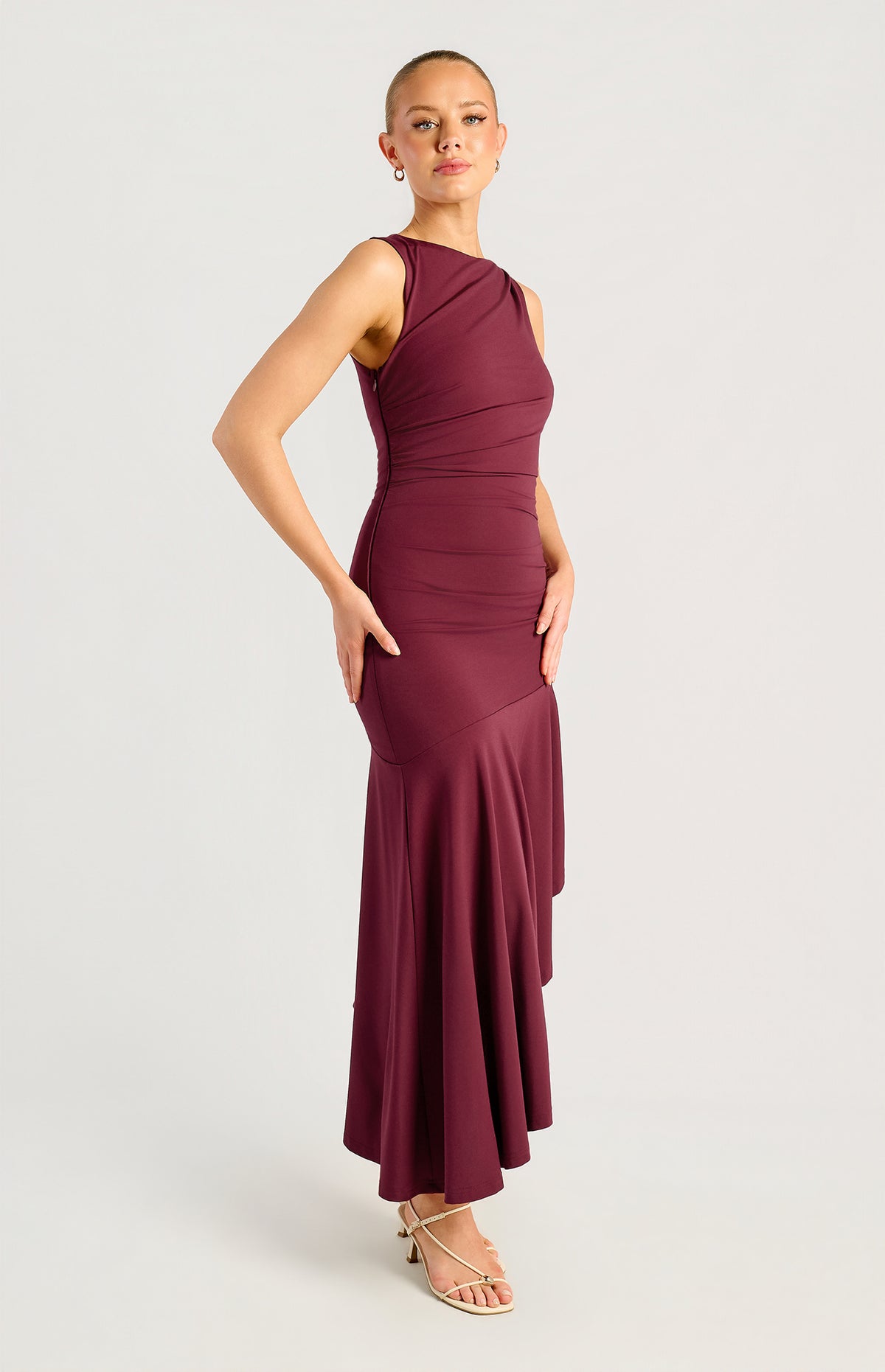 SOGNA SDR1979A merlot asymmetric hem jersey dress, angled front view