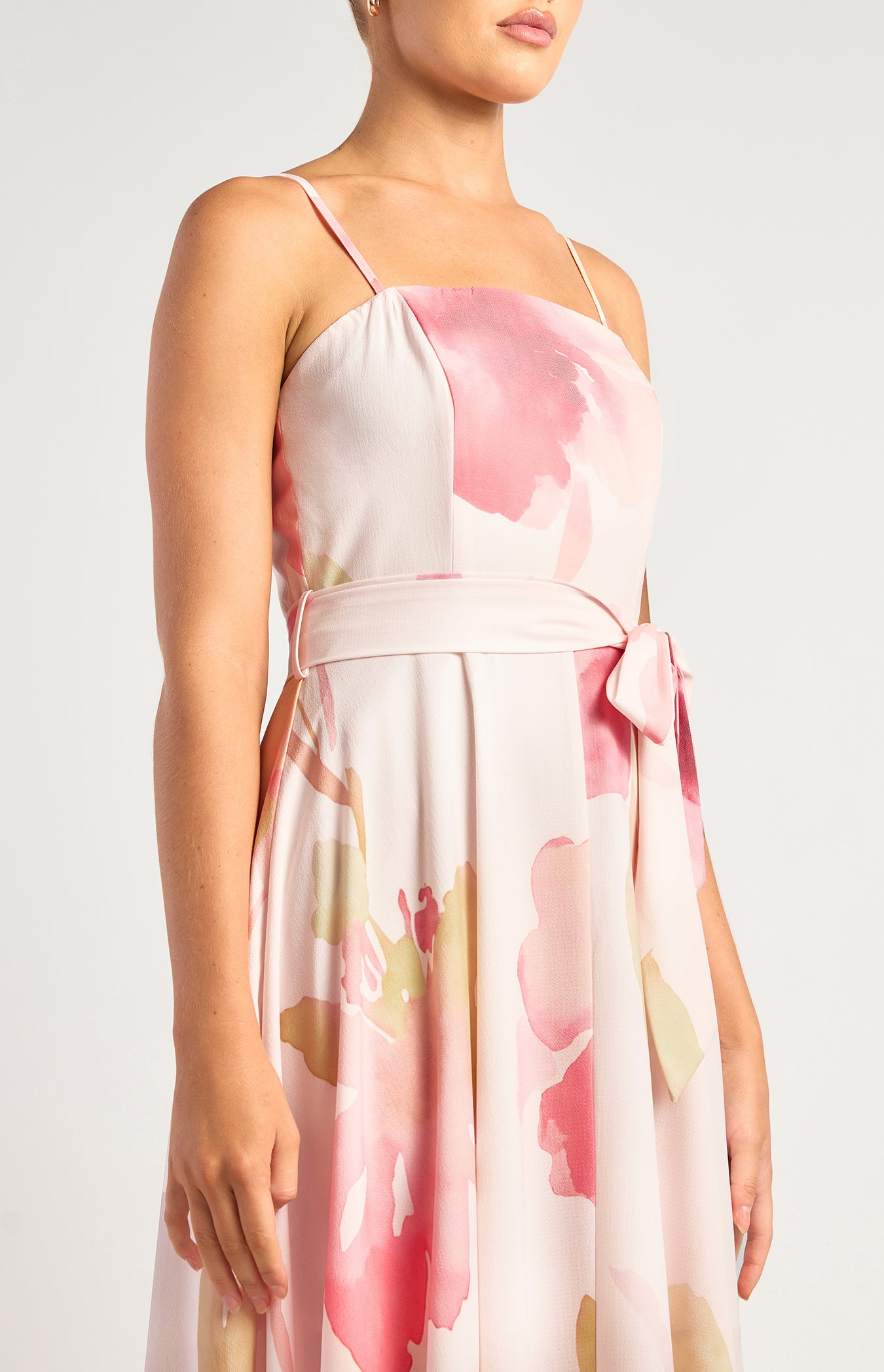 SDR342-23A Pink floral strapless maxi dress bodice detail