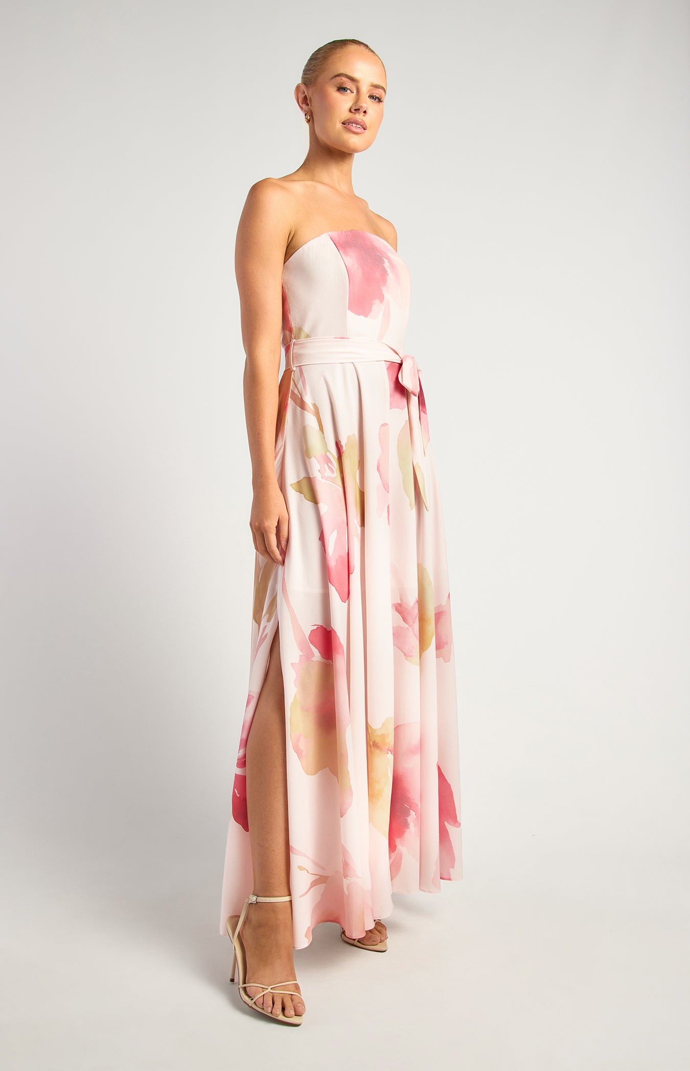 SDR342-23A Pink floral strapless maxi dress front angle