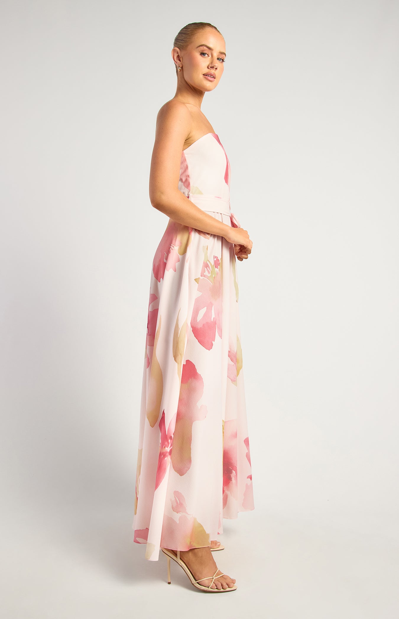 SDR342-23A Pink floral strapless maxi dress side view
