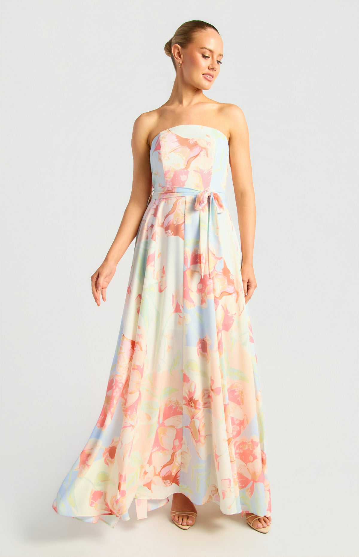 SOGNA strapless floral maxi dress in Apricot Blue, front view