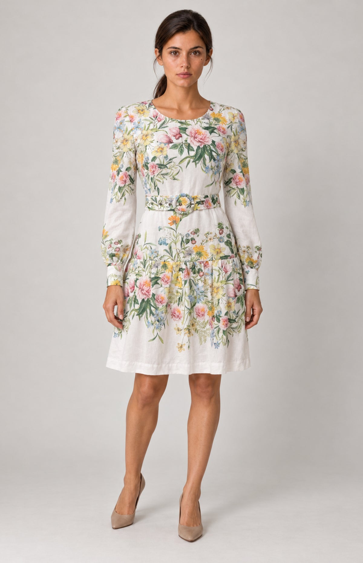 SOGNA white floral belted dress 46240013-1 — Hero full-length model view