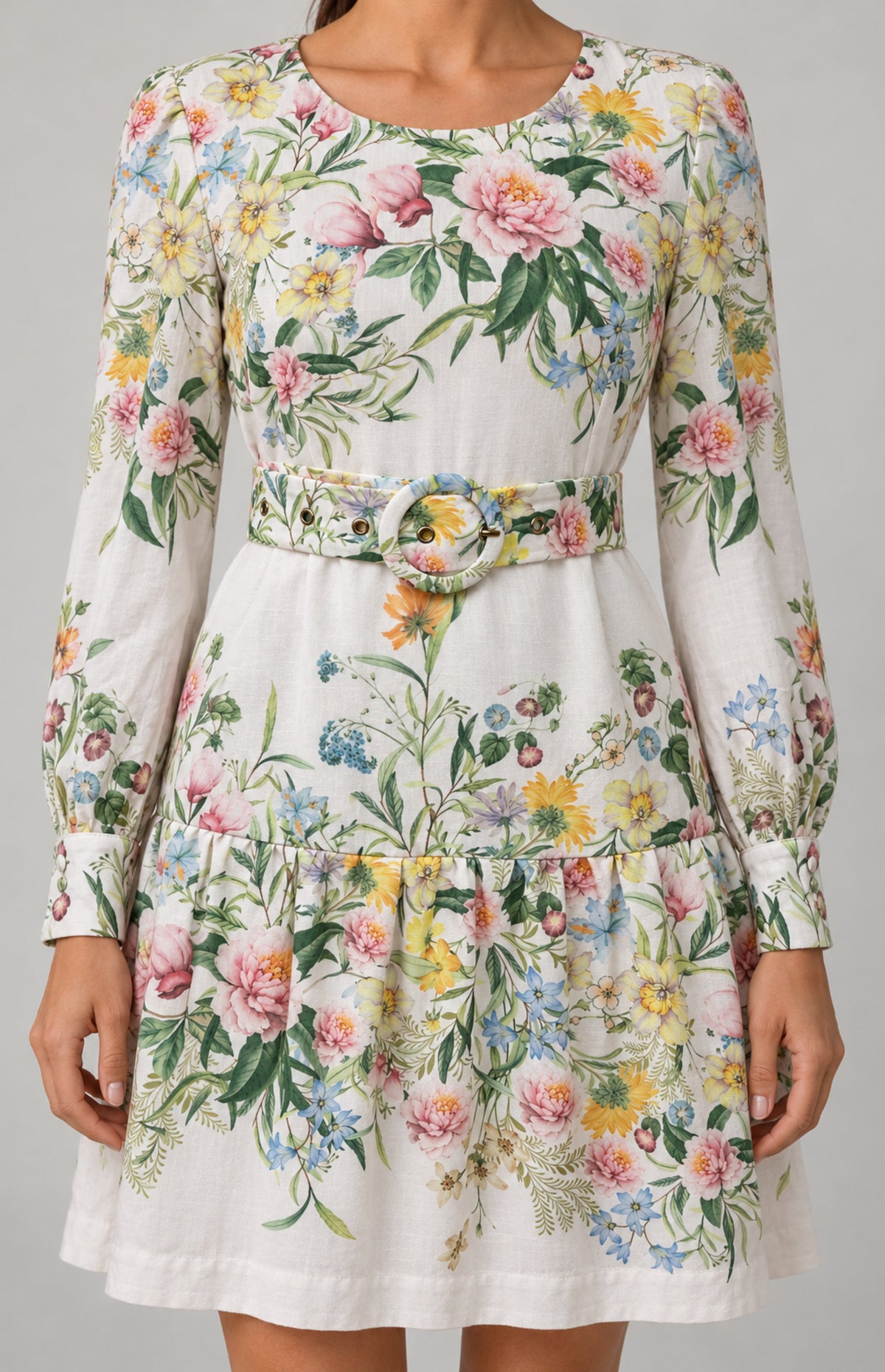 SOGNA white floral belted dress 46240013-1 — Round-buckle belt while worn