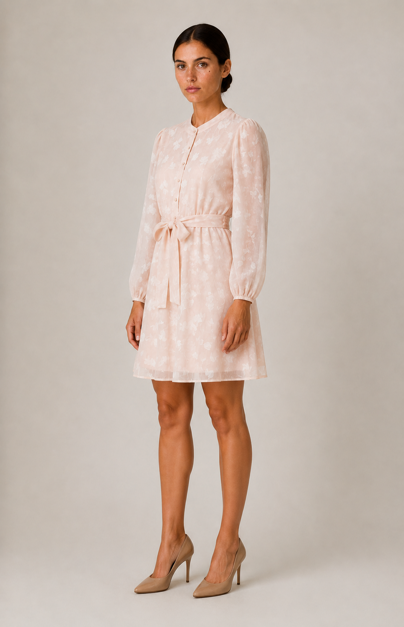 Delilah pink floral belted dress front 45-degree view