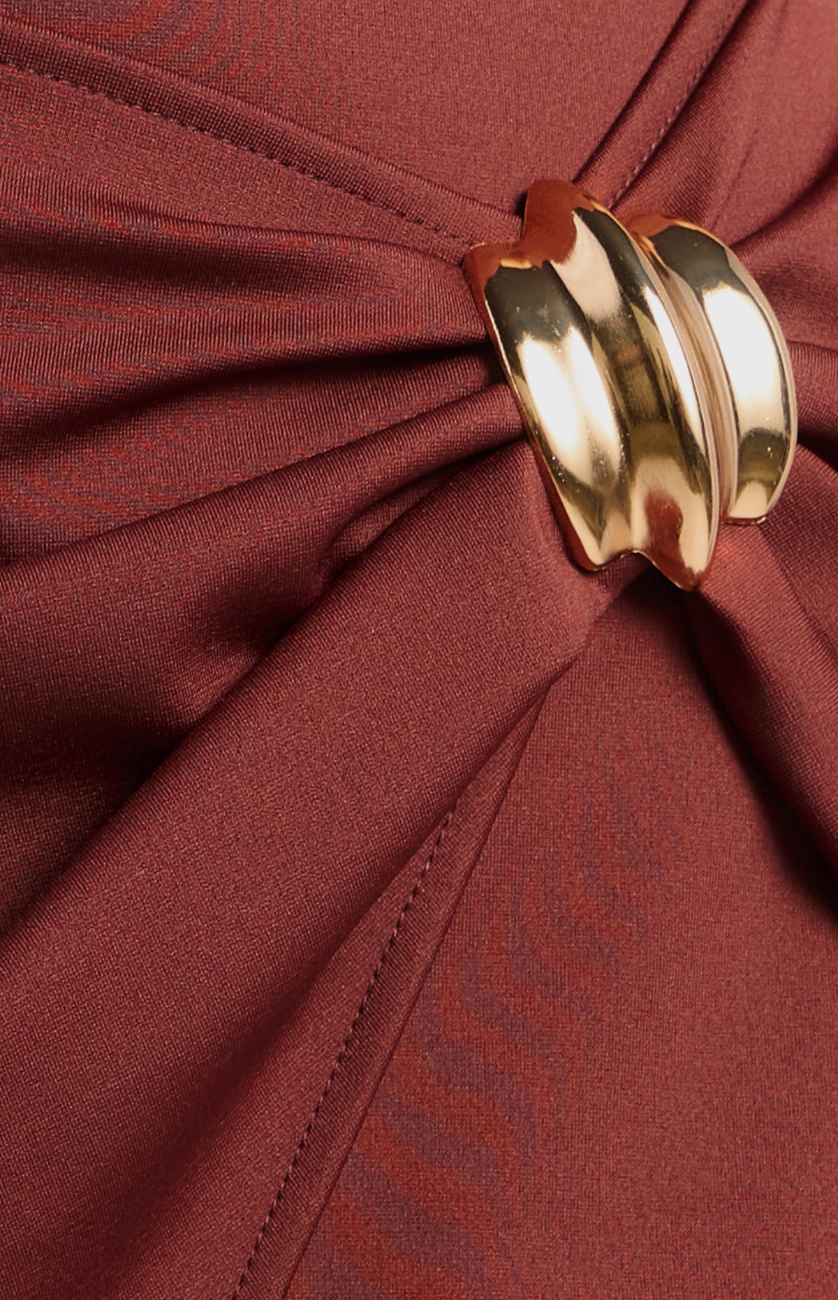 SOGNA SDR1943A cap-sleeve ruched mini dress in Merlot, buckle detail