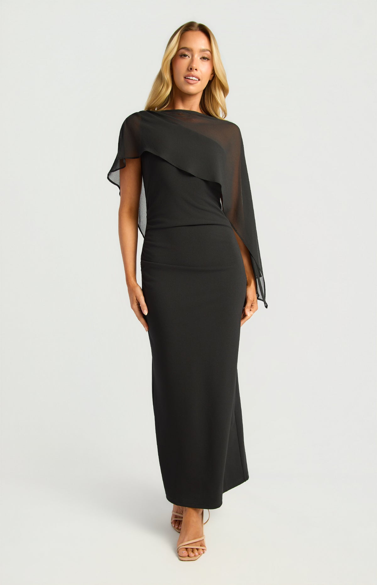 SOGNA SDR1978A one-shoulder chiffon cape dress in Black, front view