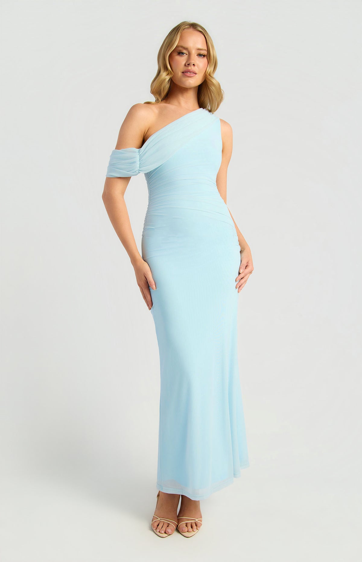 SOGNA SDR2007A asymmetric draped mesh dress in Blue, front view