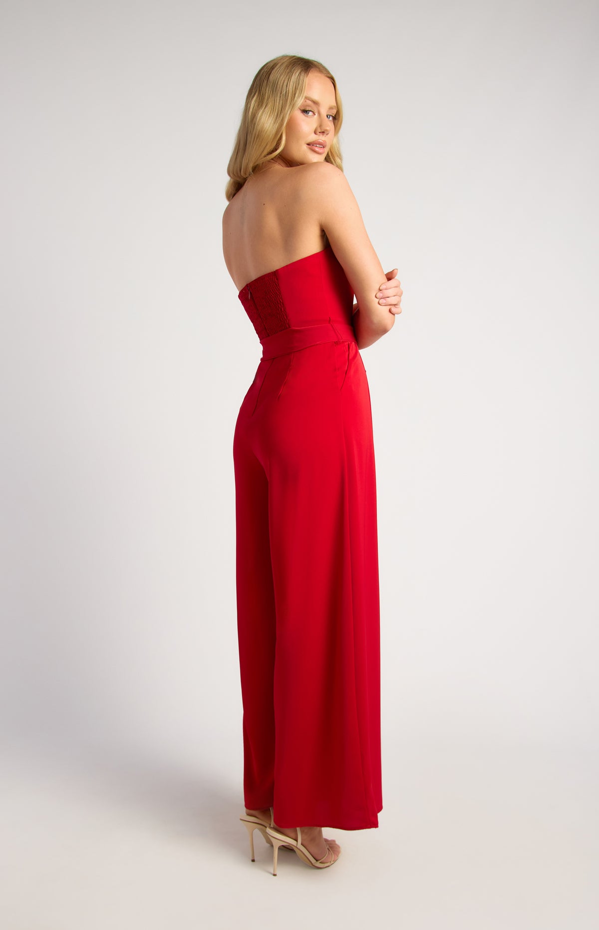 SOGNA SJP619A strapless wide-leg jumpsuit in Red, back three-quarter view