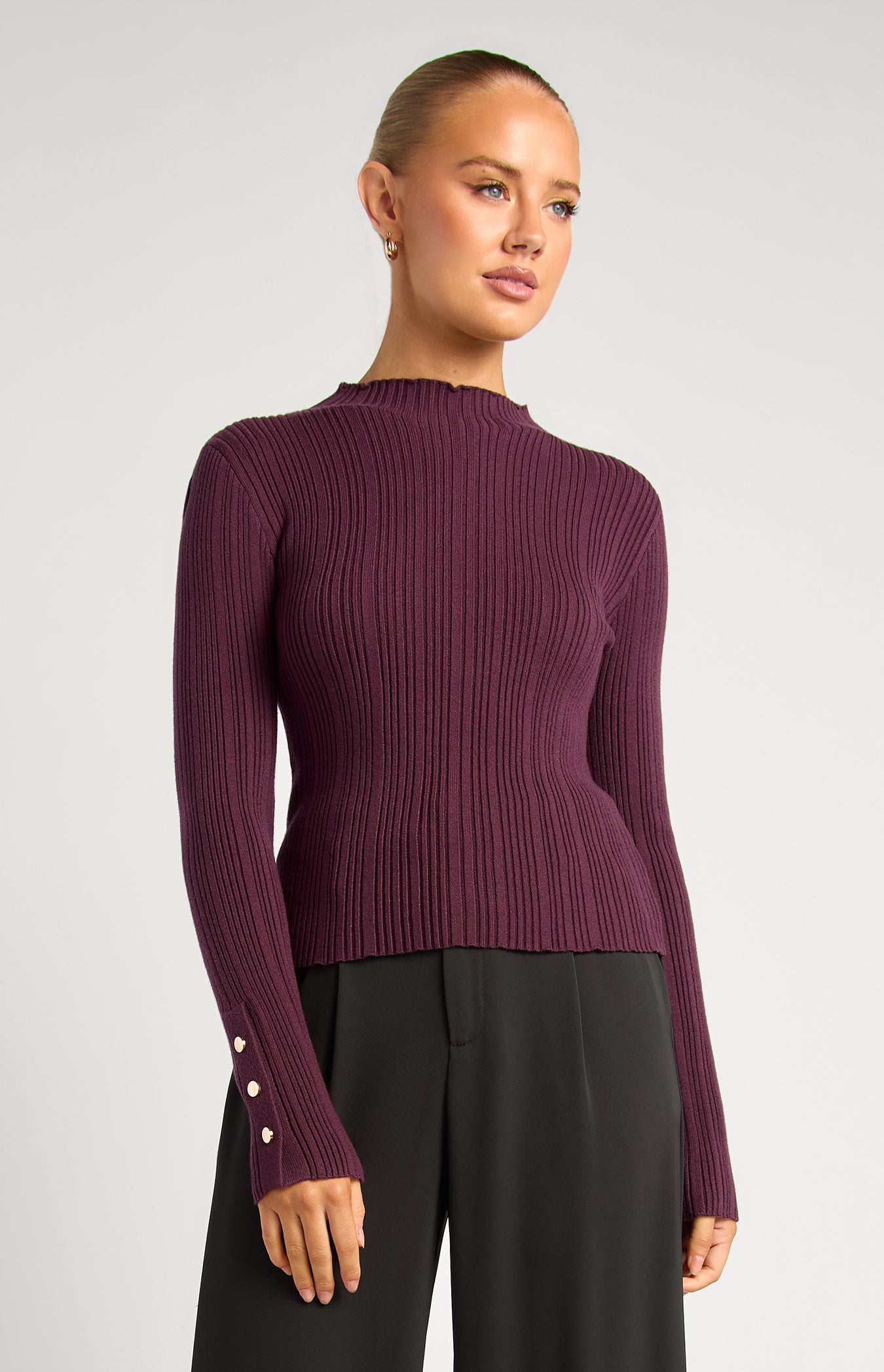 WKN856 dark plum high neck textured knit top – front view