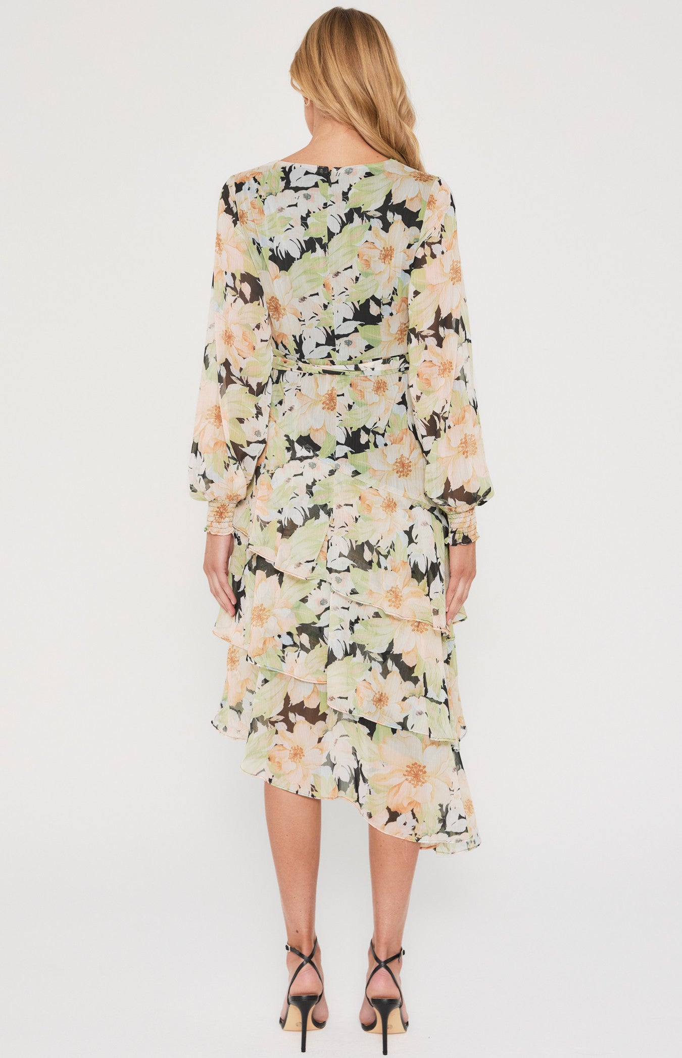 SOGNA COL Floral Print Midi Dress with Tiered Asymmetric Hem ADR1151-3A